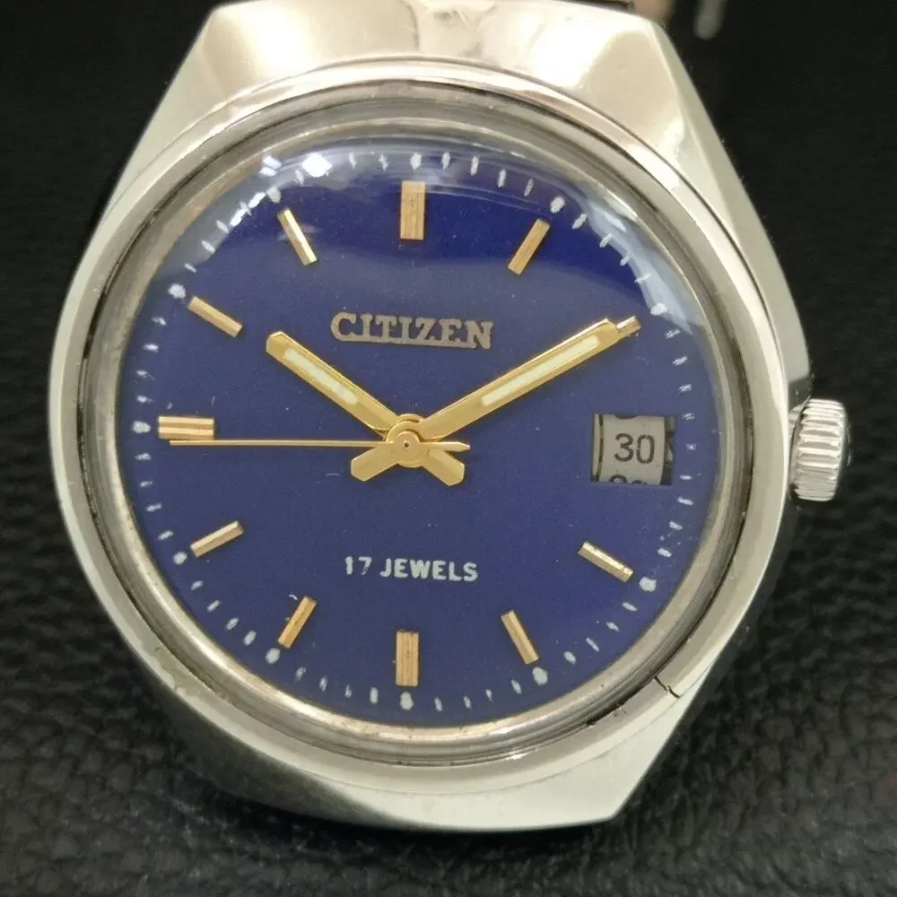 Vintage 1987 Citizen Manual Wound Mens Silver Watch W/Date & Blue accents